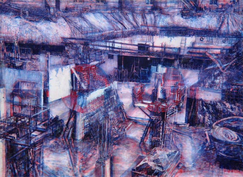Bernard Rousseau, série Enchanter les villes, Déshabiter les villes, 2015, gouache sur papier de soie résiné avec couverture de survie en fond, 140 x 200 cm.