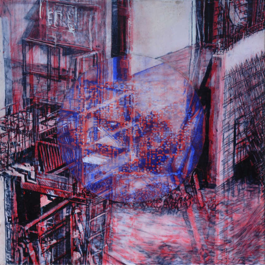 Bernard Rousseau, série Enchanter les villes, Survivre seul(s), Survivre autrement, Survivre ailleurs, 2016, gouache sur papier de soie résiné avec couverture de survie en fond, 100 x 100 cm.