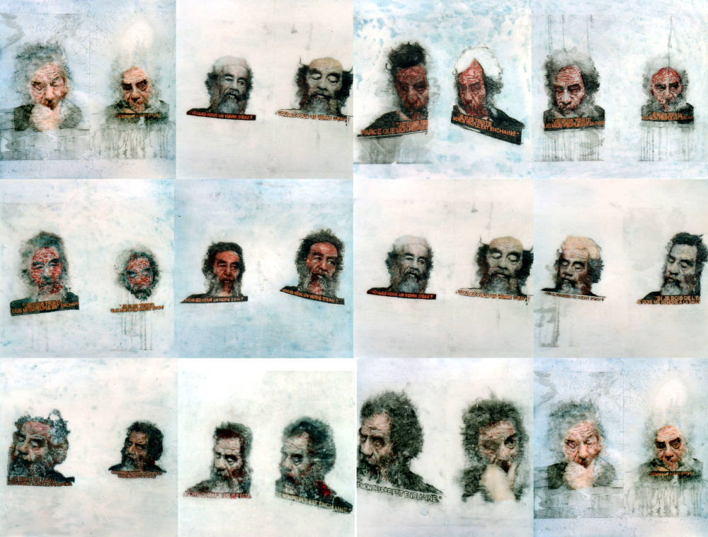 Bernard Rousseau, série Il n’y a pas de limites à l’offensive,Je suis triste parce que mon peuple est enchaîné, 2006, ensemble de douze peintures sous plexiglas, 300 x 400 cm (100 x 100 cm chaque).