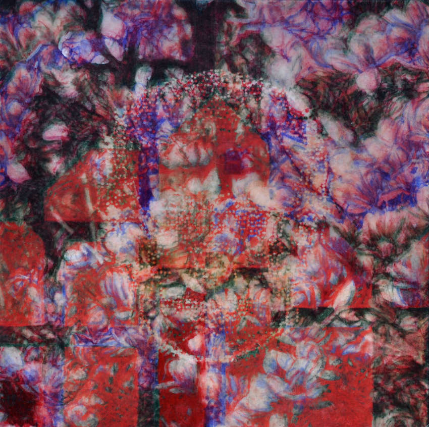 Bernard Rousseau, Fragrance désir, 2015, gouache sur papier de soie résiné avec couverture de survie en fond, 100 x 100 cm.