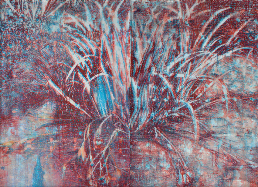 Bernard Rousseau, Nous sommes venus en barque, 2015, gouache sur papier de soie résiné avec couverture de survie en fond, 200 x 280 cm.