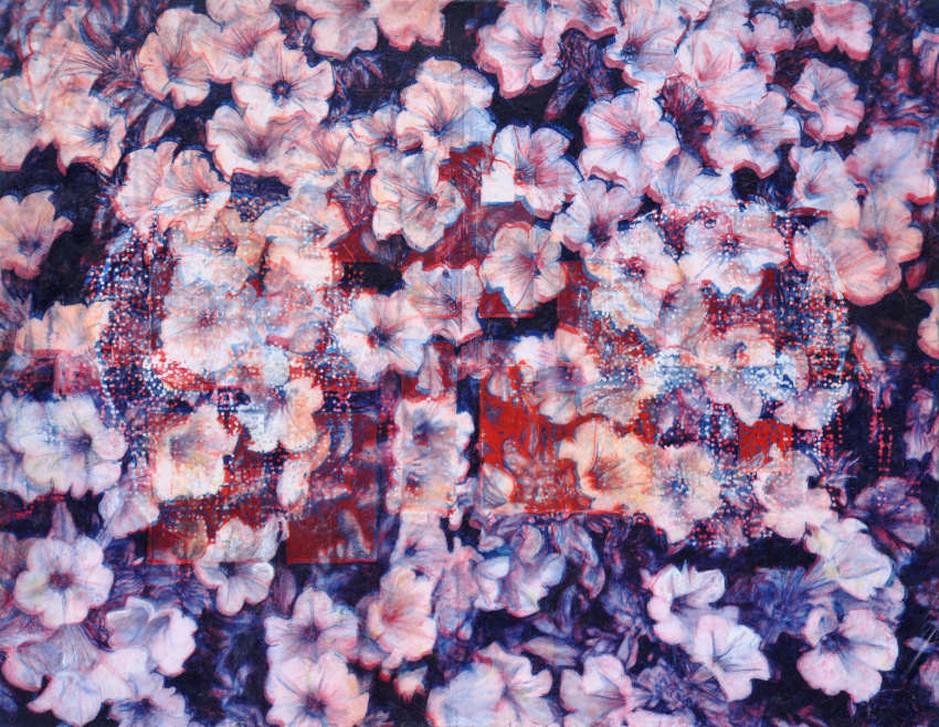 Bernard Rousseau, Sous les jupes des fleurs, 2015, gouache sur papier de soie résiné avec couverture de survie en fond, 140 x 200 cm.