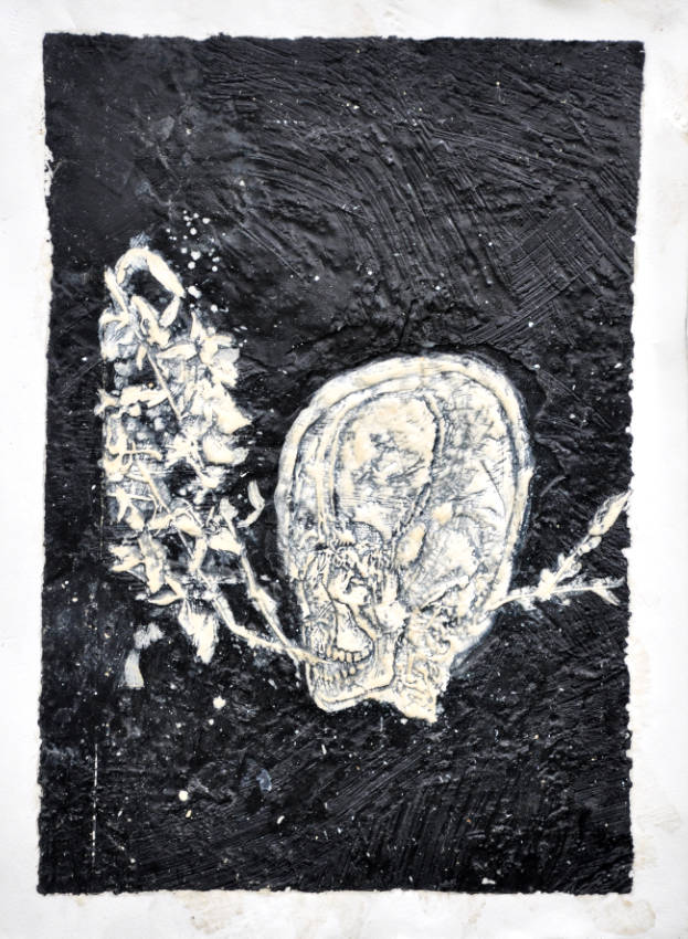 Bernard Rousseau, “Gravure”, 2013, plaque de cire d’abeille, encre acrylique, sur papier Vélin d’Arches, 600 gr/m2, 76 x 56 cm.