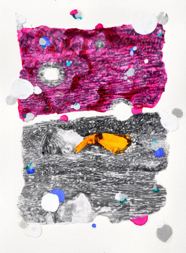 Bernard-Rousseau, “A. au Saulou à Larnagol sur la rivière Lot”, 2023, dessin au fusain et encre acrylique sur papier de soie résiné et marouflé papier Vélin d’Arches 650 gr., 77 x 57 cm.
