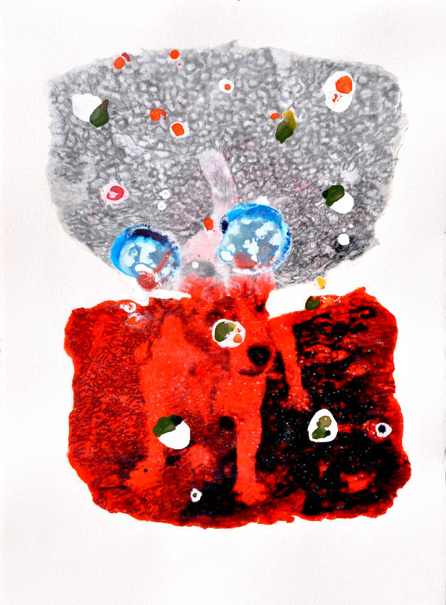 Bernard-Rousseau, “Chien rouge à la rivière Lot au Saulou à Larnagol”, 2023, dessin au fusain et encre acrylique sur papier de soie résiné et marouflé papier Vélin d’Arches 650 gr., 77 x 57 cm.