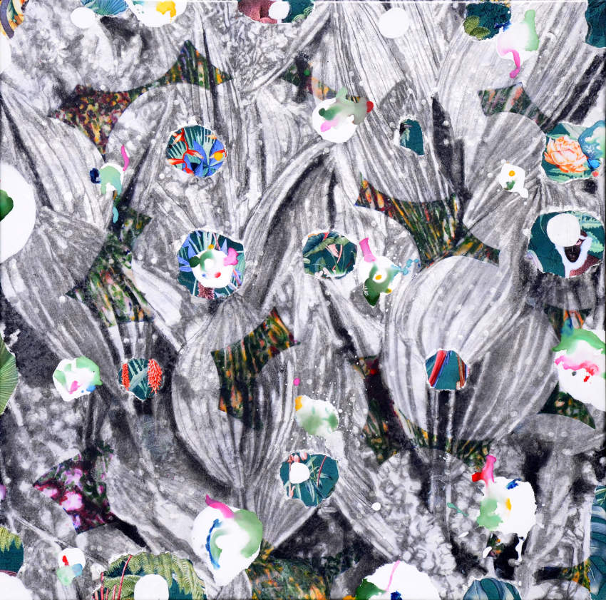 Bernard Rousseau, “Gentiane vers le Pas de Sellard par les Aiguilles de la Traversette”, 2022, dessin au fusain et encre acrylique sur papier de soie résiné et marouflé sur toile de lin, 70 x 70 cm.