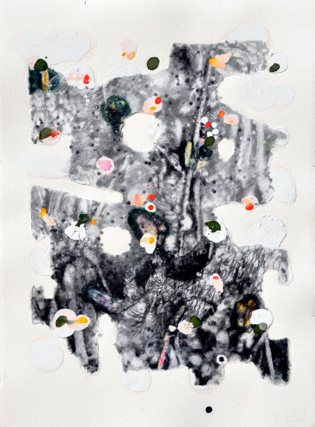 Bernard-Rousseau, “Uniflore vers la Tête du Pelvas”, 2023, dessin au fusain et encre acrylique sur papier de soie résiné et marouflé sur papier Vélin d’Arches 650 gr., 77 x 57 cm.