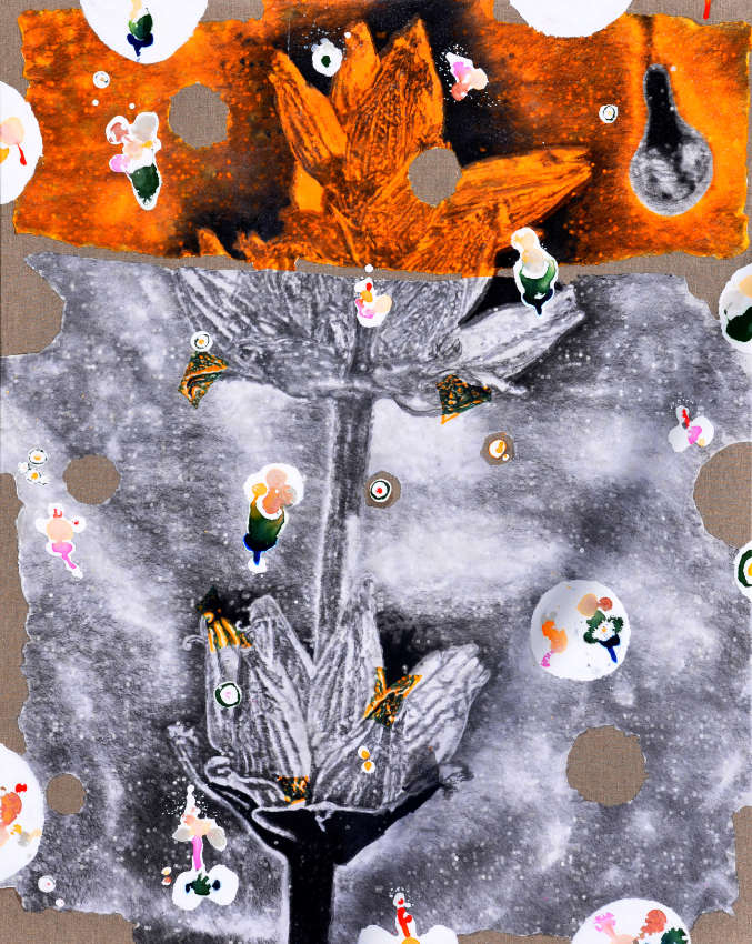 Bernard Rousseau, “Gentiane jaune, chemin du haut Guil vers Rocca del Castello”, 2023, fusain et encre acrylique sur papier de soie résiné et marouflé sur toile de lin, 150 x 120 cm.